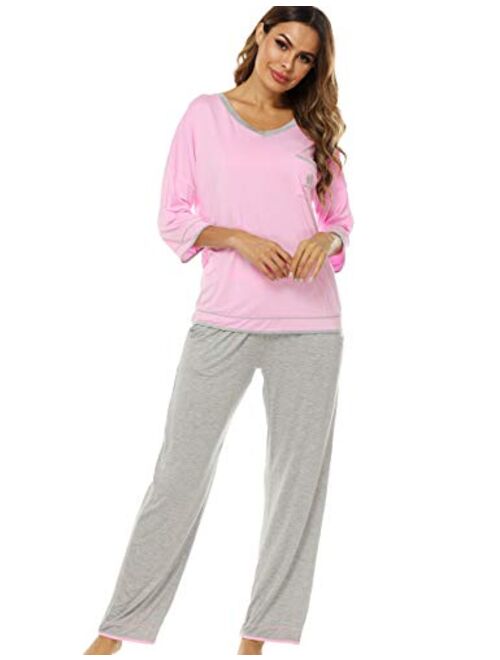 Women's V-Neck Knit Sleepwear 3/4 Sleeves Top with Pants Soft Pajama Set