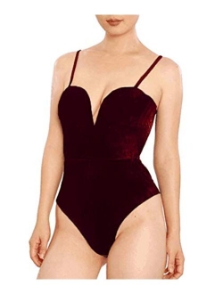 Clothink Women Burgundy Bandeau Back Lace up Velvet Bodysuit