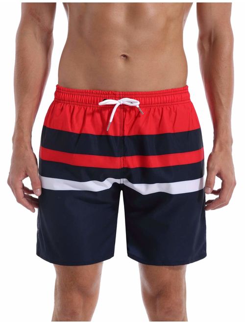 QRANSS Men's Quick Dry Swimming Trunks Bathing Suit Shorts Striped Mesh Liner