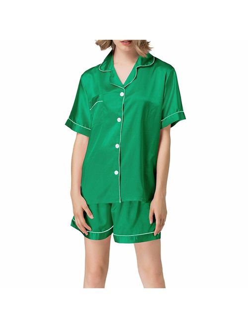 NANJUN Women's Satin Pajamas Sleepwear Long and Short Button-Down Pj Set