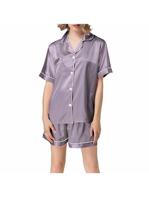 NANJUN Women's Satin Pajamas Sleepwear Long and Short Button-Down Pj Set