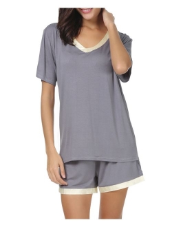 Invug Women Nightwear Short Sleeve Shirt and Shorts Pajama Set V Neck Sleepwear