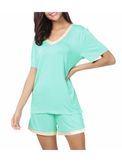 Invug Women Nightwear Short Sleeve Shirt and Shorts Pajama Set V Neck Sleepwear