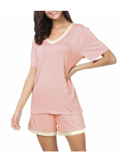 Invug Women Nightwear Short Sleeve Shirt and Shorts Pajama Set V Neck Sleepwear