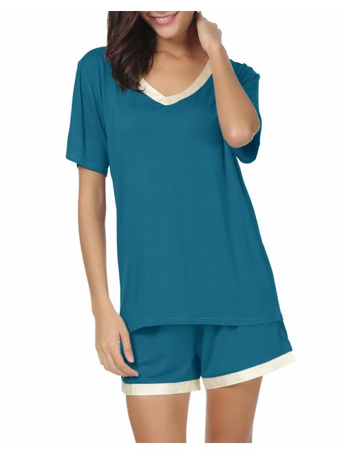 Invug Women Nightwear Short Sleeve Shirt and Shorts Pajama Set V Neck Sleepwear