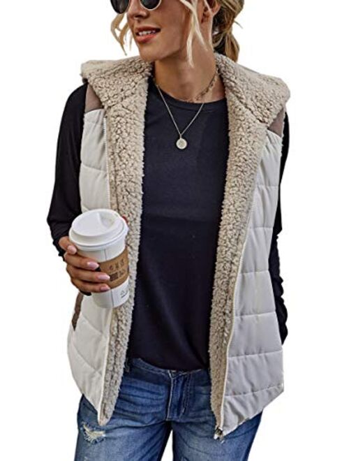 Angashion Women's Warm Sherpa Fleece Zip Up Reversible Vest Sleeveless Lightweight Jacket Outwear with Pockets