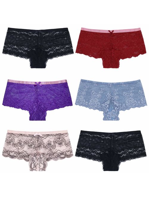 Curve Muse Women's Pack of 6 Comfort Sheer Lace Tanga Hipster Boyshorts Panties