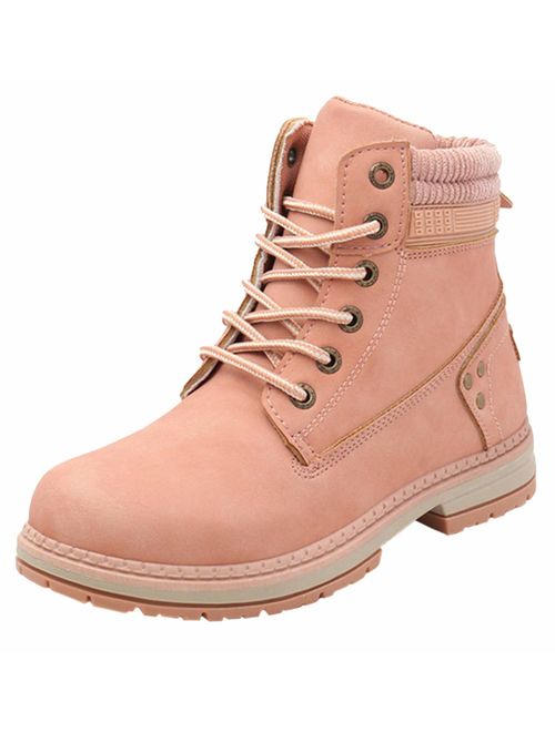 DADAWEN Women's Round Toe Waterproof Lace up Work Combat Boots Low Heel Ankle Booties