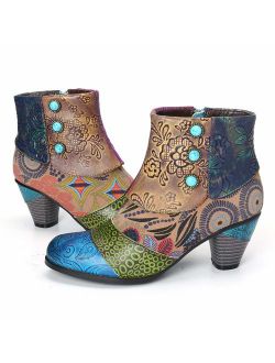 gracosy Block Heel Ankle Booties,Women's Bohemian Splicing Pattern Side Zipper High Block Heel Ankle Leather Boots