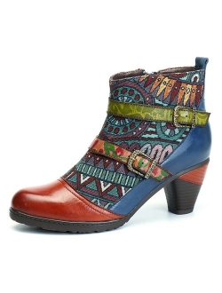 gracosy Block Heel Ankle Booties,Women's Bohemian Splicing Pattern Side Zipper High Block Heel Ankle Leather Boots