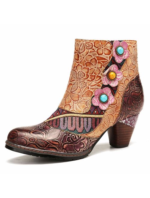 gracosy Block Heel Ankle Booties,Women's Bohemian Splicing Pattern Side Zipper High Block Heel Ankle Leather Boots