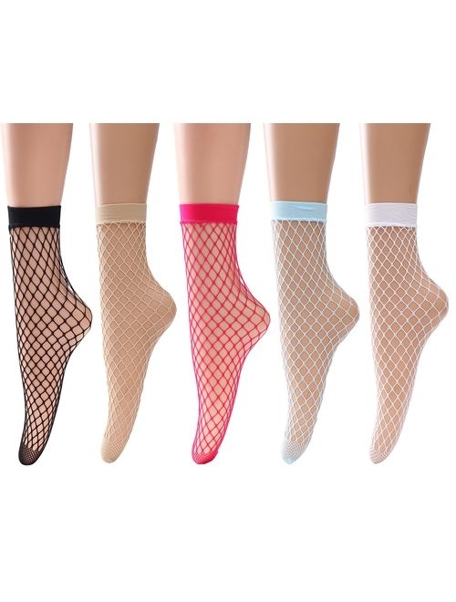 Women's Fishnet Socks Ankle Dress Hollow Out Socks High Nylons Multi Colors 5 Pairs