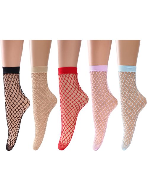 Women's Fishnet Socks Ankle Dress Hollow Out Socks High Nylons Multi Colors 5 Pairs