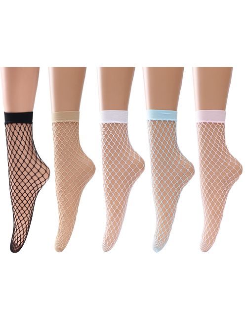 Women's Fishnet Socks Ankle Dress Hollow Out Socks High Nylons Multi Colors 5 Pairs