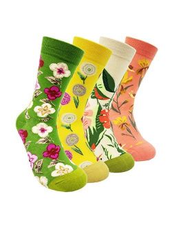 Womens Colorful Dress Crew Socks - HSELL Flower Van Gogh Funky Patterned Casual Cotton Socks