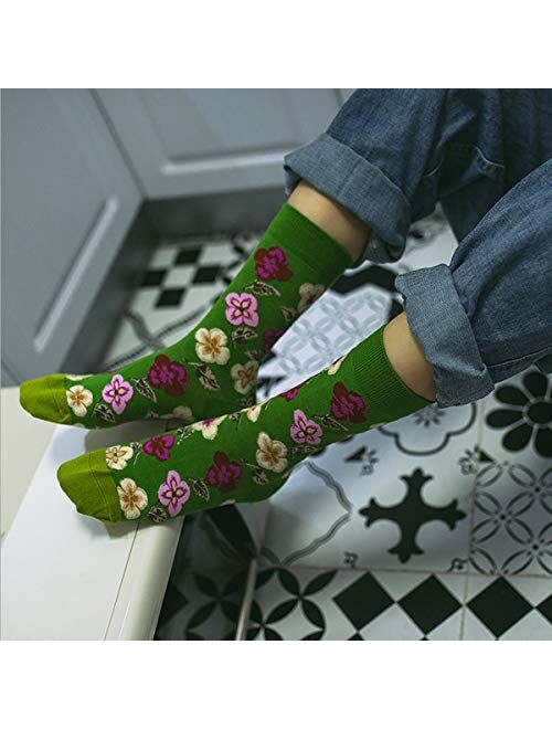 Womens Colorful Dress Crew Socks - HSELL Flower Van Gogh Funky Patterned Casual Cotton Socks