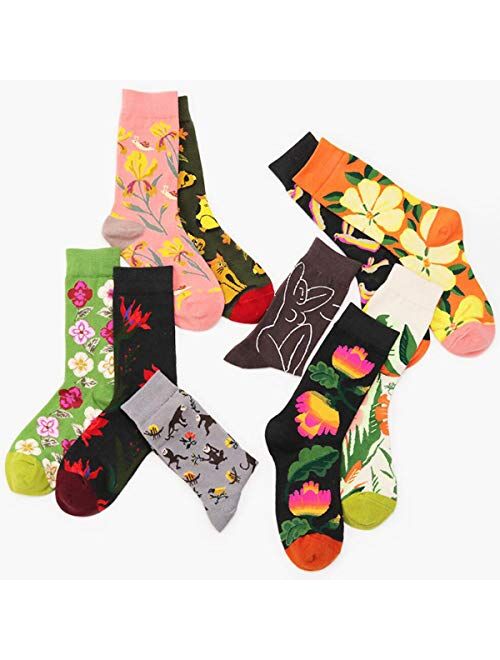 Womens Colorful Dress Crew Socks - HSELL Flower Van Gogh Funky Patterned Casual Cotton Socks