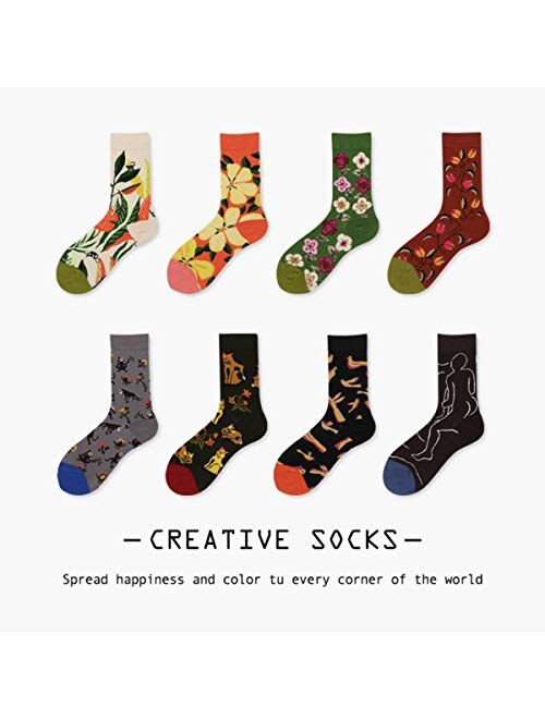 Womens Colorful Dress Crew Socks - HSELL Flower Van Gogh Funky Patterned Casual Cotton Socks