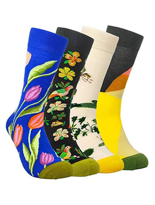 Womens Colorful Dress Crew Socks - HSELL Flower Van Gogh Funky Patterned Casual Cotton Socks