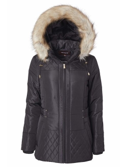 Women Midlength Down Alternative Quilt Winter Puffer Coat Zip Off Fur Trim Hood