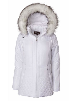 Women Midlength Down Alternative Quilt Winter Puffer Coat Zip Off Fur Trim Hood