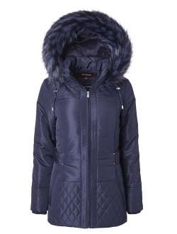 Women Midlength Down Alternative Quilt Winter Puffer Coat Zip Off Fur Trim Hood