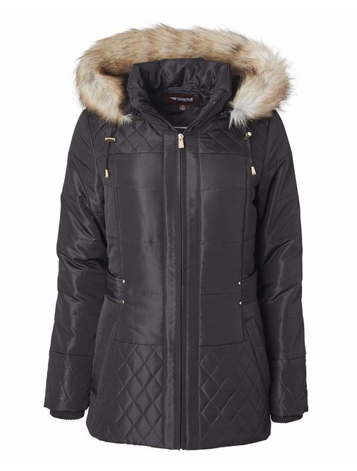 Women Midlength Down Alternative Quilt Winter Puffer Coat Zip Off Fur Trim Hood