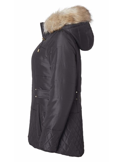 Women Midlength Down Alternative Quilt Winter Puffer Coat Zip Off Fur Trim Hood