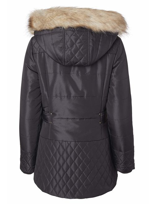 Women Midlength Down Alternative Quilt Winter Puffer Coat Zip Off Fur Trim Hood