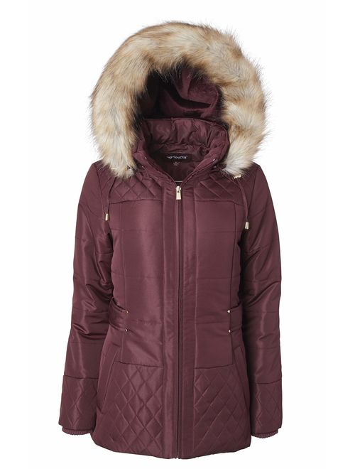 Women Midlength Down Alternative Quilt Winter Puffer Coat Zip Off Fur Trim Hood