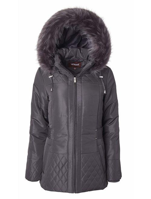 Women Midlength Down Alternative Quilt Winter Puffer Coat Zip Off Fur Trim Hood