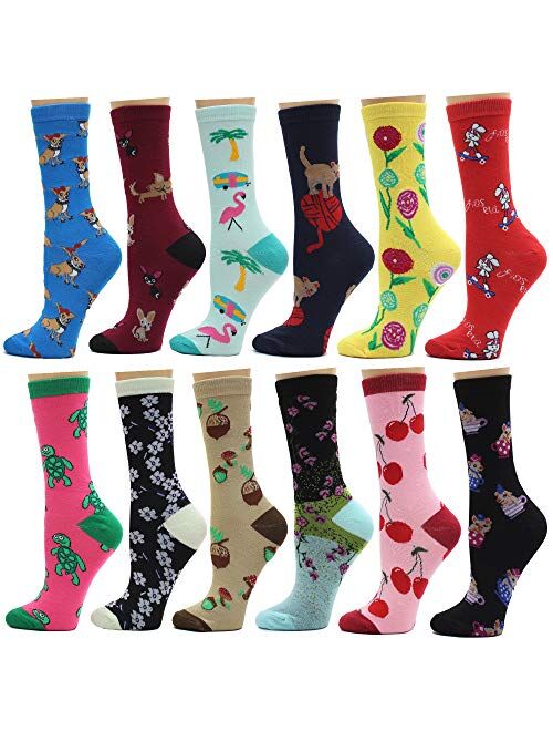 12 Pack Women's Colorful Patterned Cute Funny Casual Fashion Crew Socks by Frenchic