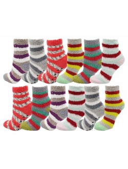 Soft Fuzzy Socks, 12 Pairs Womens Girls, Warm Microfiber Slippers with Non Skid Sole, Assorted Gift Pack