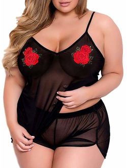 Plus Size Lingerie for Women, Sexy See Through Rose Cami Set Sheer Mesh Top Short Pajamas Sleepwer