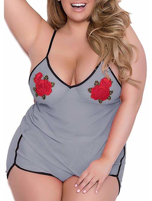 Plus Size Lingerie for Women, Sexy See Through Rose Cami Set Sheer Mesh Top Short Pajamas Sleepwer