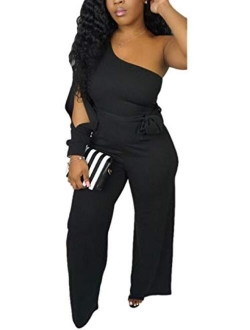 Women's Sexy One Shoulder Slit Sleeve High Waist One Piece Pant Outfit Wide Leg Jumpsuit Romper