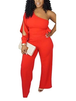 Women's Sexy One Shoulder Slit Sleeve High Waist One Piece Pant Outfit Wide Leg Jumpsuit Romper