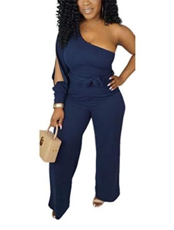 Women's Sexy One Shoulder Slit Sleeve High Waist One Piece Pant Outfit Wide Leg Jumpsuit Romper