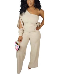 Women's Sexy One Shoulder Slit Sleeve High Waist One Piece Pant Outfit Wide Leg Jumpsuit Romper