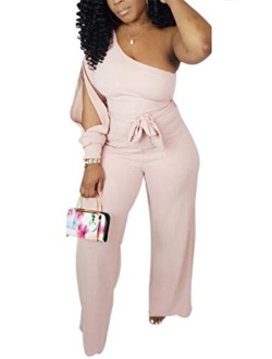 Women's Sexy One Shoulder Slit Sleeve High Waist One Piece Pant Outfit Wide Leg Jumpsuit Romper