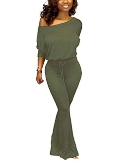 Women's Sexy One Shoulder Slit Sleeve High Waist One Piece Pant Outfit Wide Leg Jumpsuit Romper