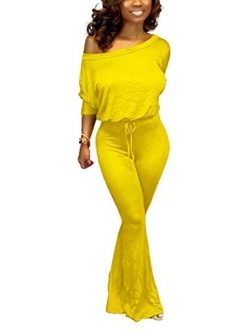 Women's Sexy One Shoulder Slit Sleeve High Waist One Piece Pant Outfit Wide Leg Jumpsuit Romper