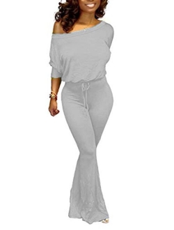 Women's Sexy One Shoulder Slit Sleeve High Waist One Piece Pant Outfit Wide Leg Jumpsuit Romper