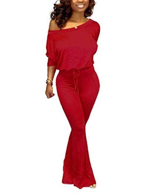 Aro Lora Women's Sexy One Shoulder Slit Sleeve High Waist One Piece Pant Outfit Wide Leg Jumpsuit Romper