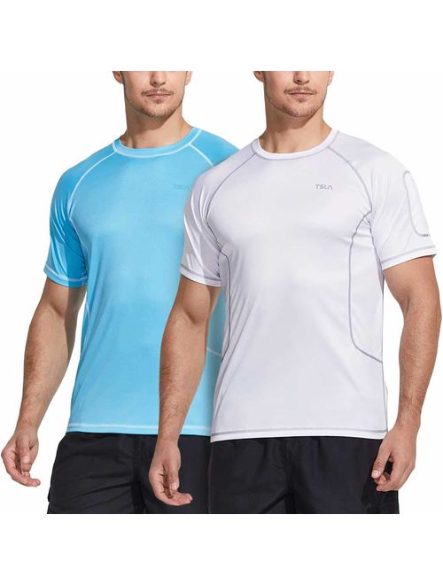 TSLA Men's (Pack of 1, 2) UPF 50+Swim Shirt Loose-Fit Swim Tee Rashguard Top