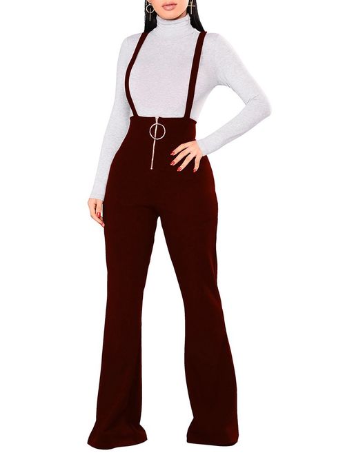 Remelon Womens Sleeveless High Waisted Zipper Front Bell Pants Suspender Jumpsuits Overalls