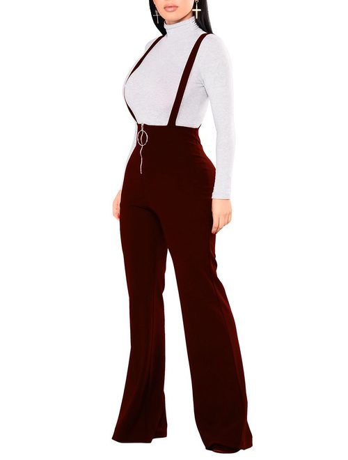 Remelon Womens Sleeveless High Waisted Zipper Front Bell Pants Suspender Jumpsuits Overalls