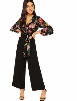 Women's Wrap Deep V Neck High Waist Long Pants Romper Jumpsuit