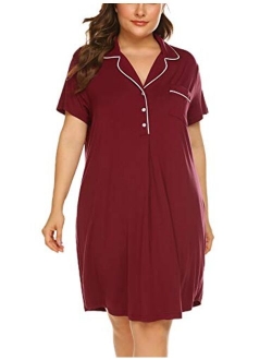 Womens Plus Size Sleep Shirt Short Sleeves Pajama Button Down Top Nightgown Boyfriend Night Shirt Sleepwear16W-24W