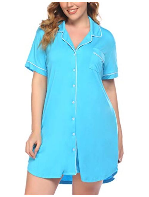 Womens Plus Size Sleep Shirt Short Sleeves Pajama Button Down Top Nightgown Boyfriend Night Shirt Sleepwear16W-24W